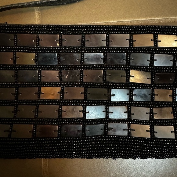 Vintage elegant mother of Pearl squares black evening bag purse beaded handbag - Picture 7 of 9